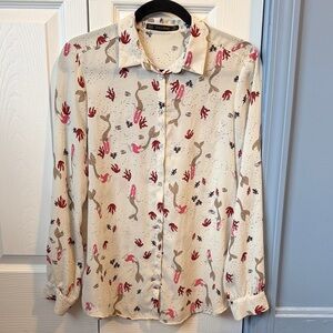 Zara Basics Mermaid Print Button Down Blouse Top M Cream Red Pink Pearl Buttons